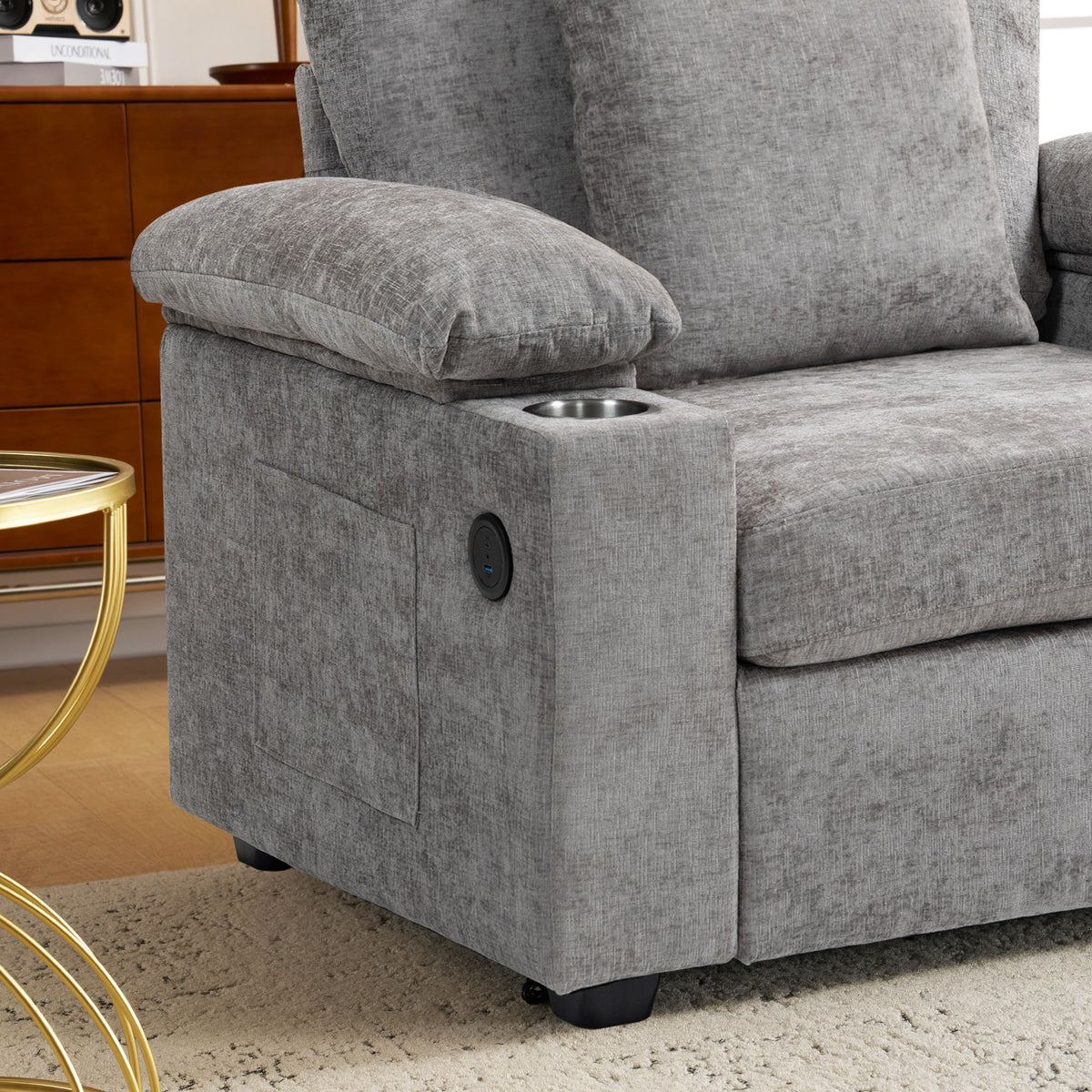 Modern Oversized Chair With Ottoman, Chenille Fabric Sofa Bed, Accent Chair Comfy Sofa With Cupholders And USB Charging Ports Chair For Living Room - Gray