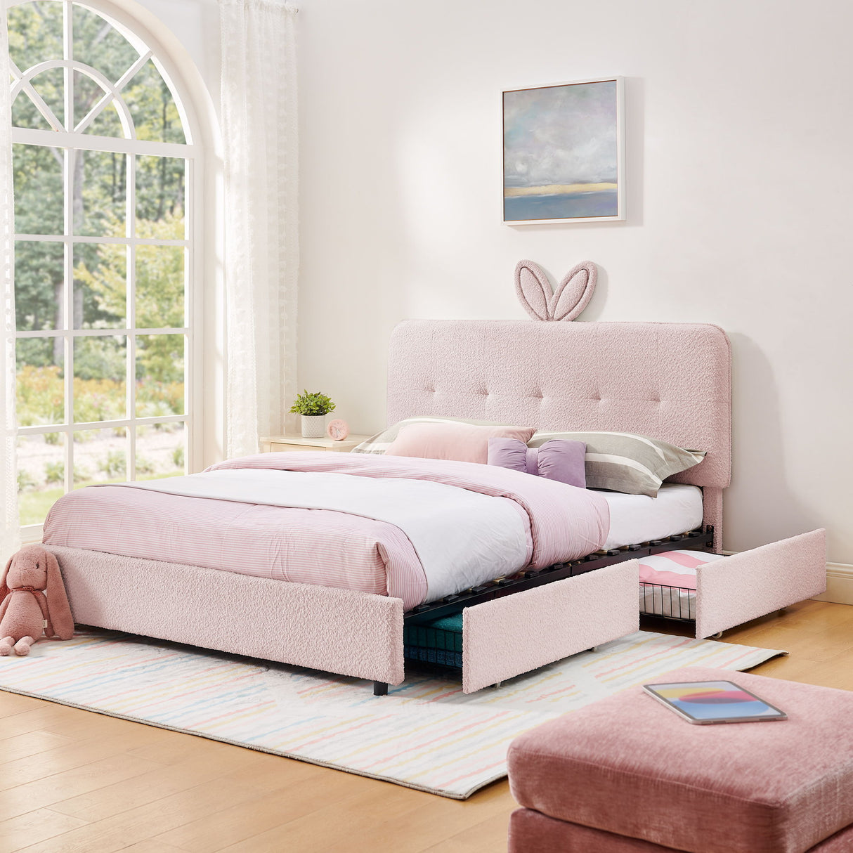 Upholstered Bed With Oversized Rabbit Ear Headboard, LED Lights & 4 Storage Drawers