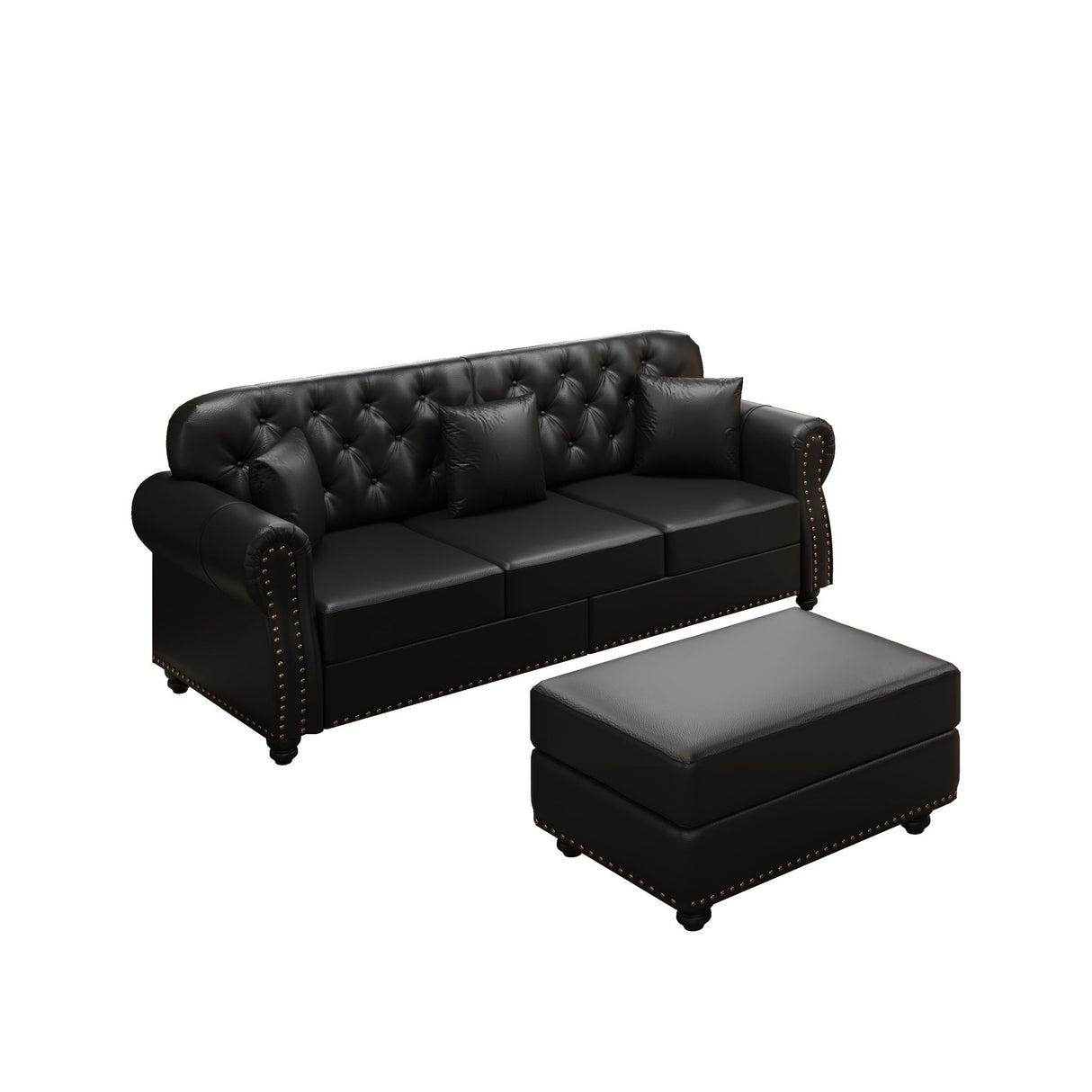 Upholstered Sofa With Nailhead Trim, Rolled Armrests With Ottoman