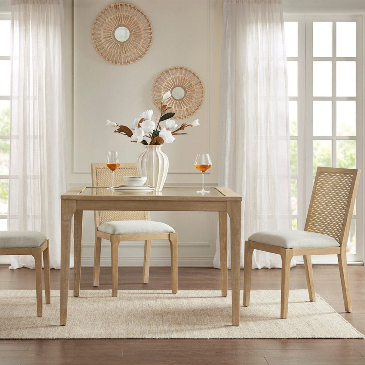 Dining Chair With Synthetic Cane Back And Upholstered Seat (Set of 2) - Natural