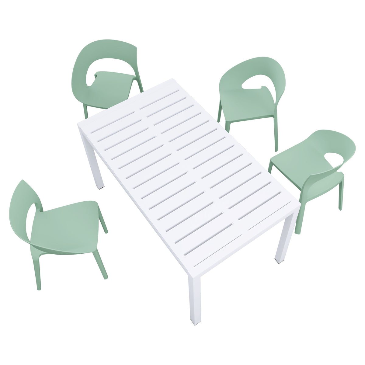 4 Piece Set Of Color Block Designed Single Chairs With Long Table - Haze Green / White