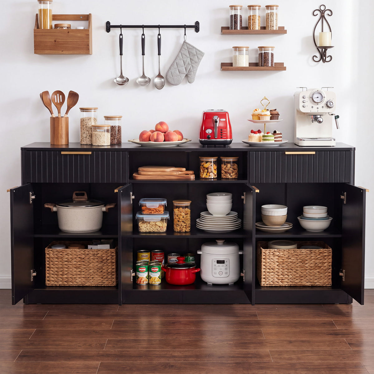 Large Fluted Buffet Sideboard, Wine Bar Storage Cabinet With 6 Doors & 2 Drawers