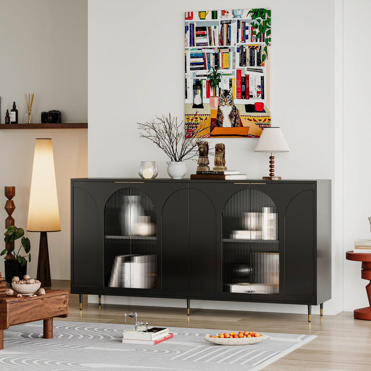 Accent Cabinet Lacquered Wooden Cabinet With 4 Glass Doors Sideboard Buffet Server Cabinet Storage Cabinet, For Living Room, Entryway, Hallway, Office, Kitchen And Dining Room - Black