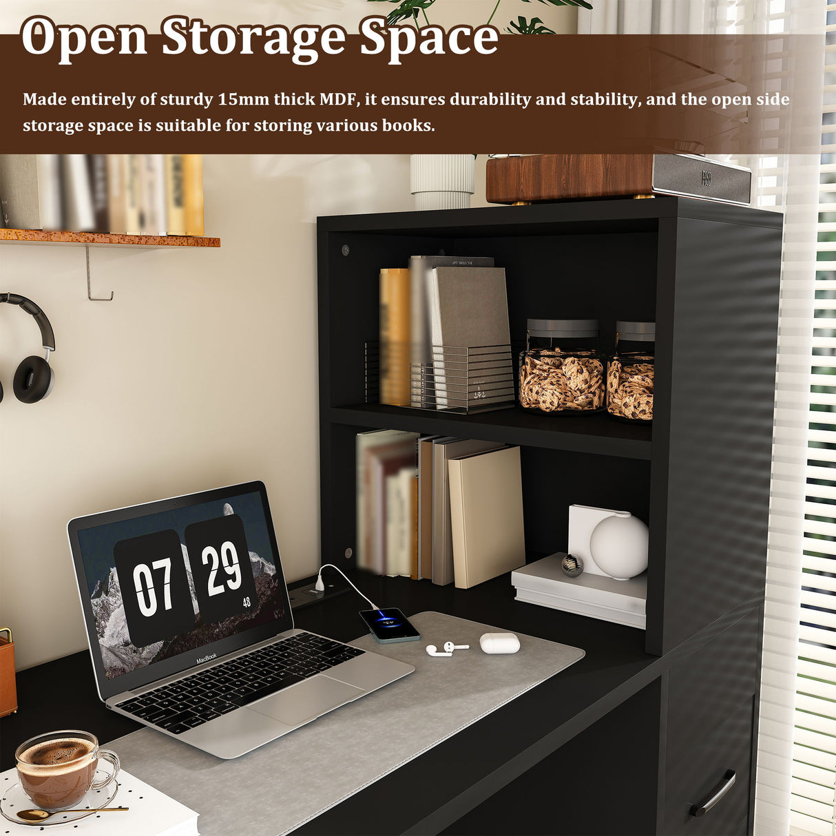 Computer Desk With 4 In 1 Socket, 3 Slide Drawers And 4 Storage Levels, For Home Office - Black