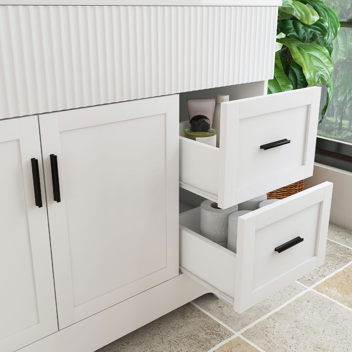 Bathroom Vanity Set, Fluted Cabinet, Soft Close Doors & Drawers, Single Faucet Hole, Sink Included - White