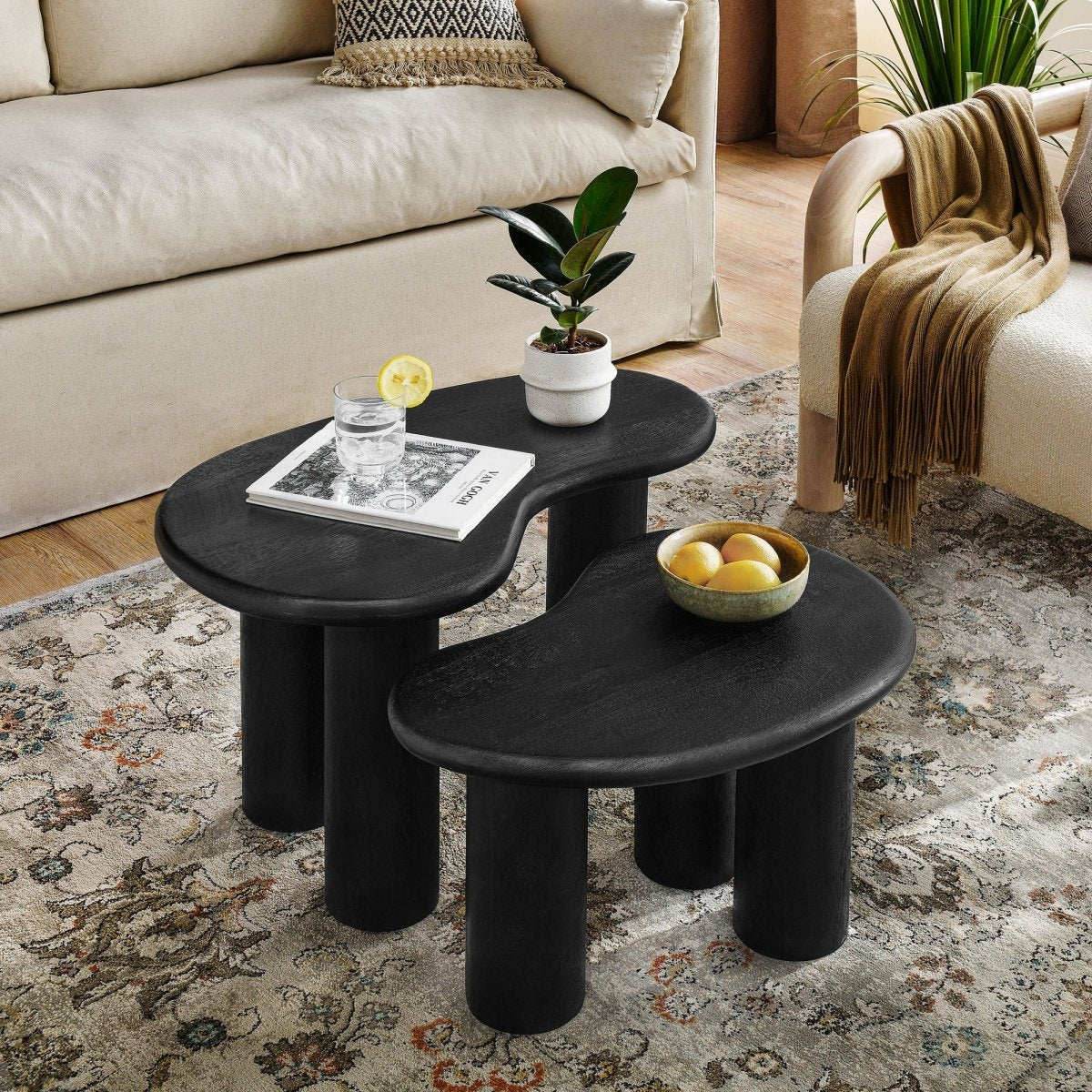 54 Inch Sculptural Kidney - Shaped Mango Wood Nesting Coffee Table Set - Coffee Tables available at Alpine Outlets in Denver