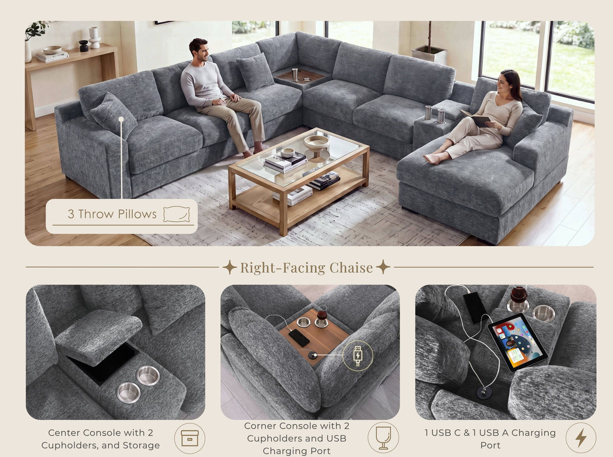 Celine - Fabric Corner Sectional Sofa With Right-Facing Chaise, Cupholders, And Charging Ports