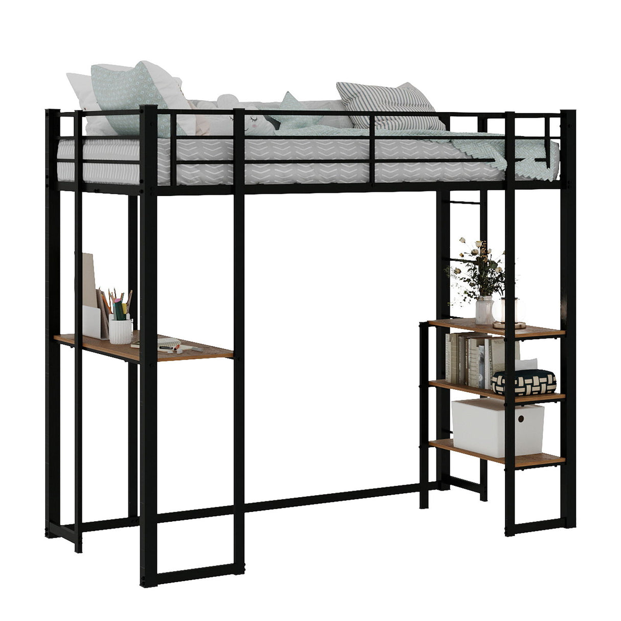 Bunk Bed With L-Shaped Desk And Dual Side Stairs