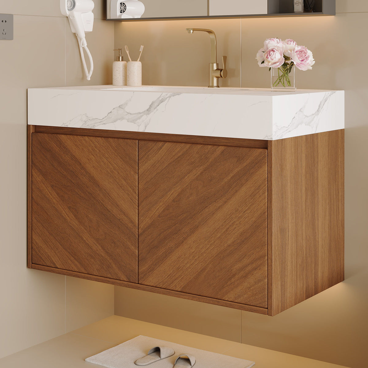 Wall Mounted Bathroom Vanity With Sink, Soft Close - Walnut / White