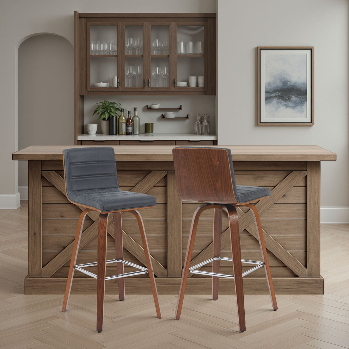 Vienna - Modern Swivel Bar Height Stool - Walnut Finished Wood Frame