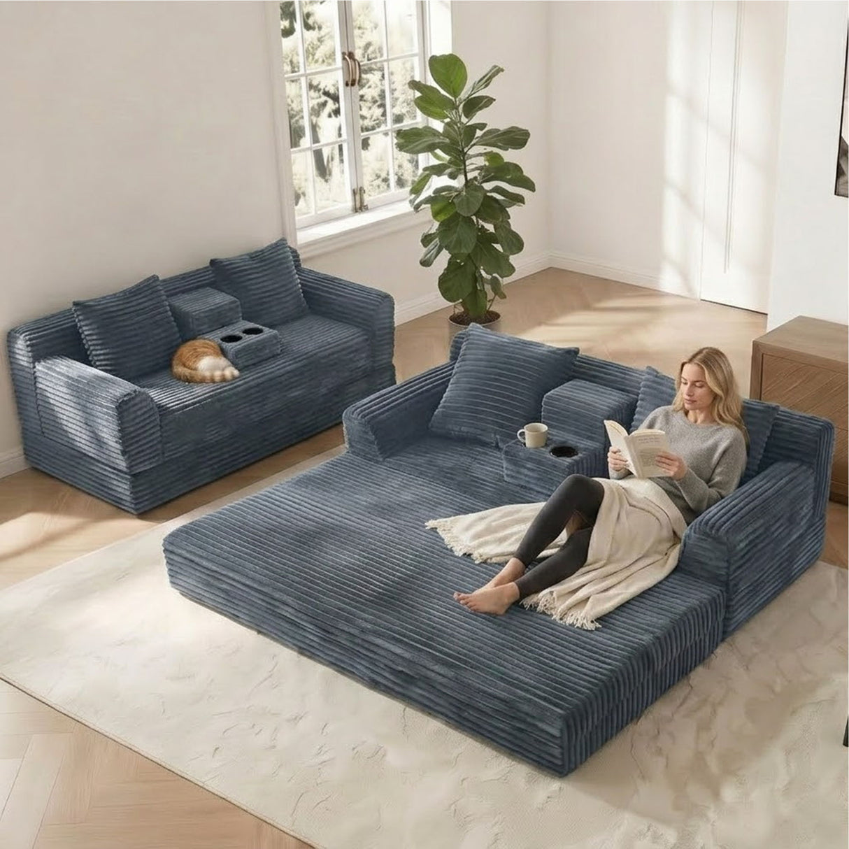 Soft Striped Convertible Sofa Bed, Dual Use Lounge Couch With Cup Holders And Pillows