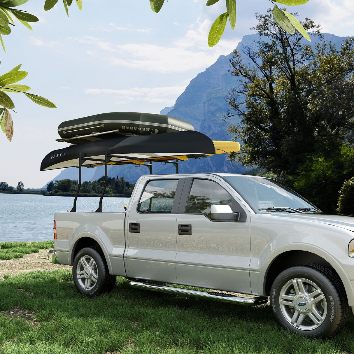 Heavy Duty Universal Truck Bed Ladder Rack, No-Drill Installation, Adjustable - Black