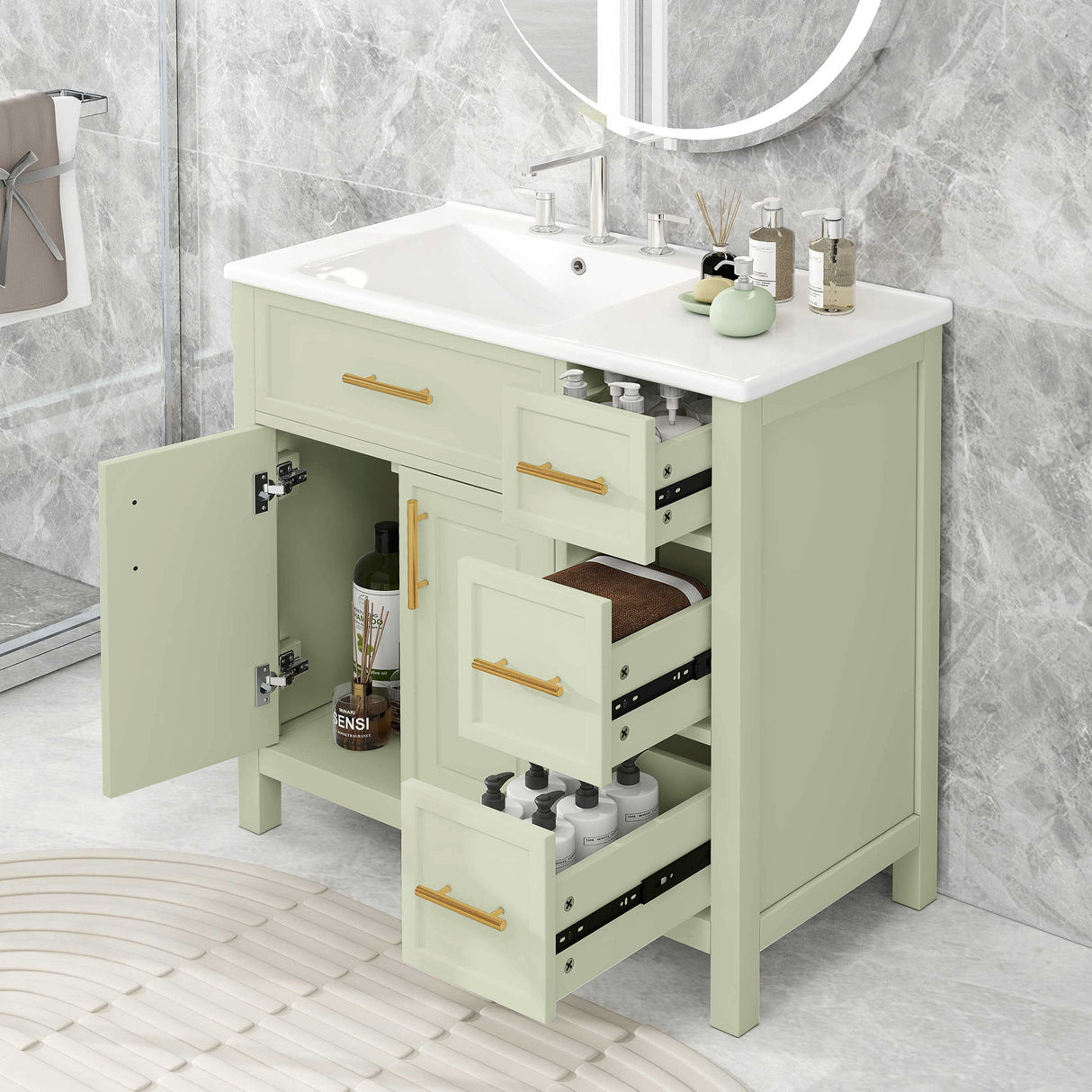 36" Bathroom Vanity With Sink, 2 Doors, 3 Drawers, Rectangular - White
