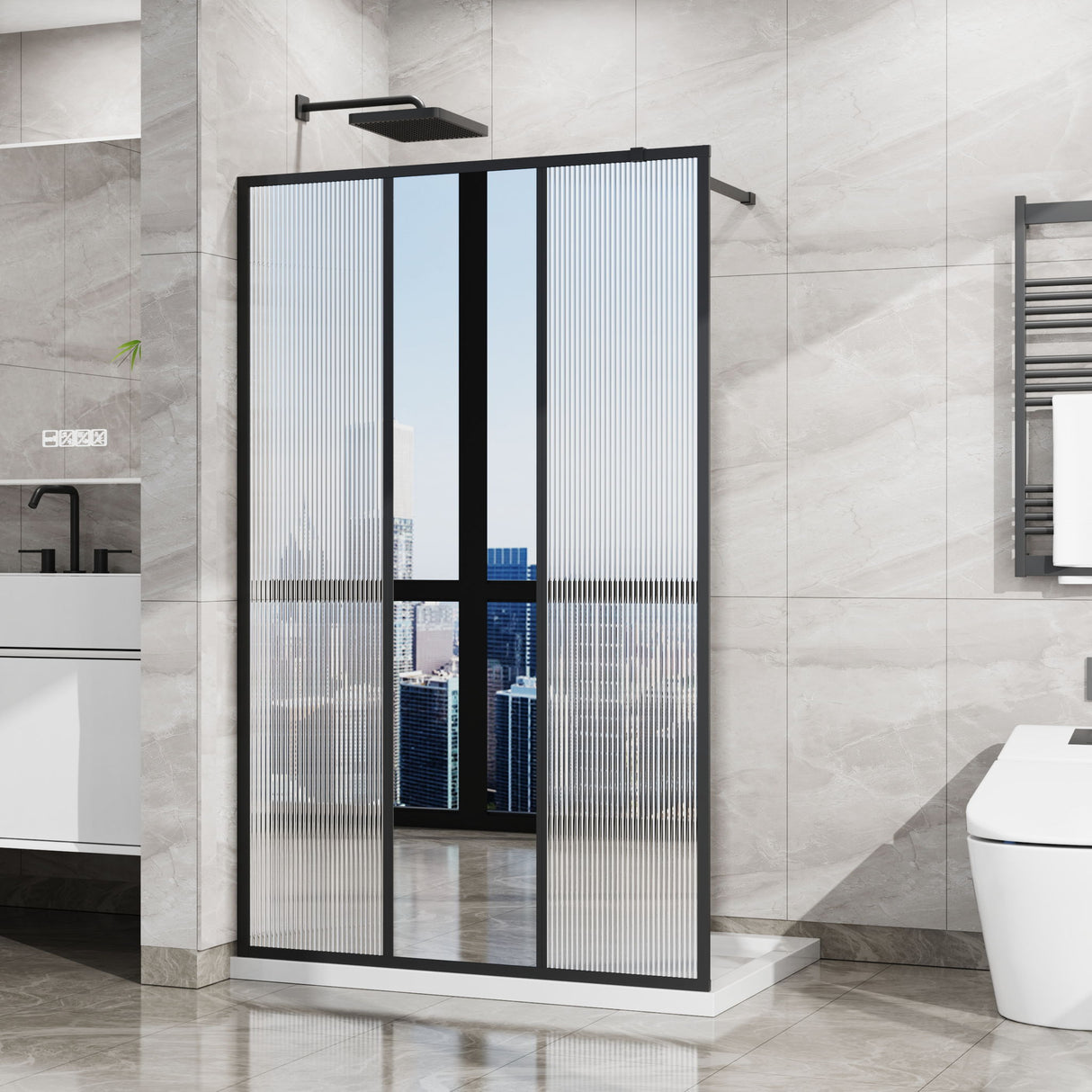 Shower Door With Center Mirror And Fluted Panels