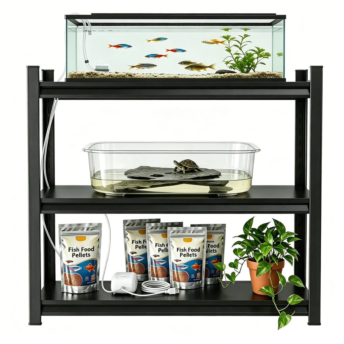 3 Tier Adjustable Height Storage Shelving Unit, Large Capacity Multipurpose Organizer Rack - Black