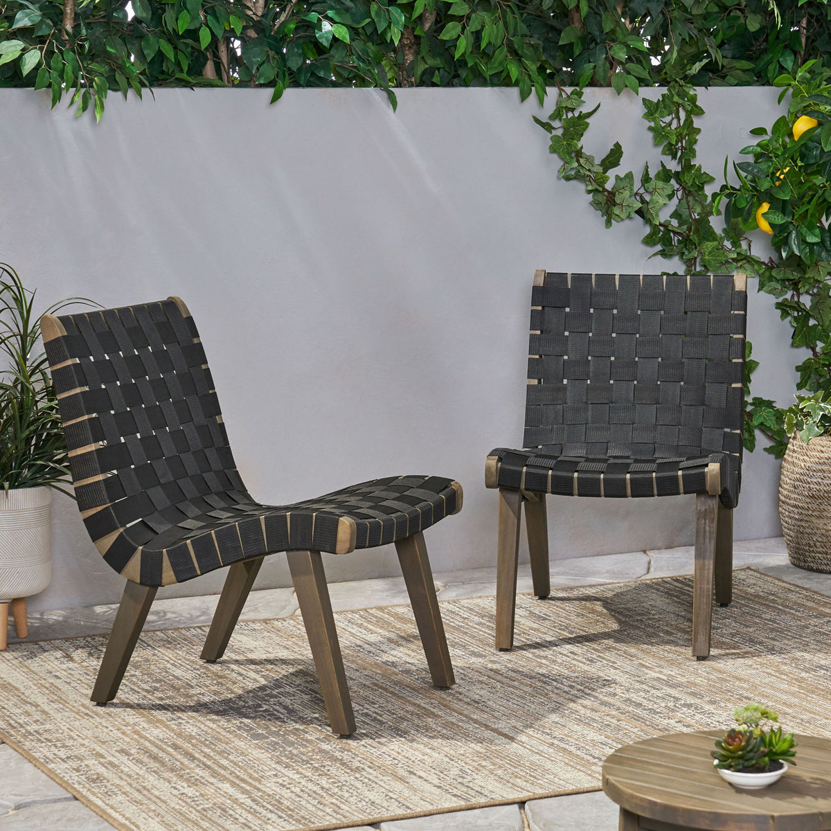 Lounge Chair With Stunning Rope Weave Design, (Set of 2) - Black