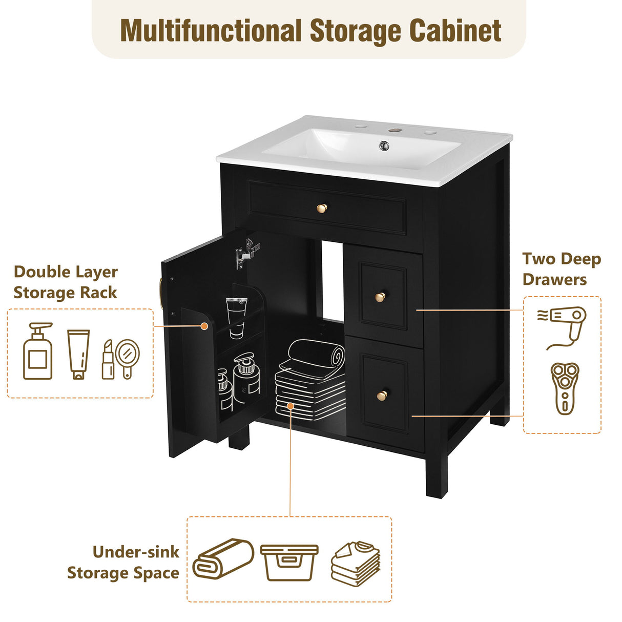 Elegant Bathroom Vanity With Ceramic Sink, Soft Close Doors And Drawers, Double Storage Racks