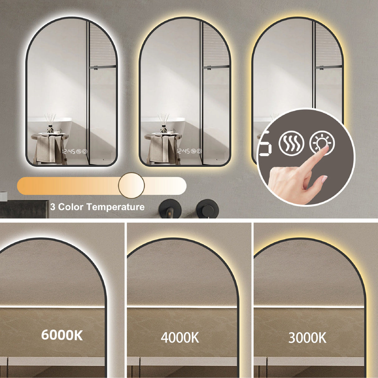 Arched LED Vanity Mirror With Time & Temperature Display, Anti-Fog, Dimmable Backlight In Frame, 3 Color Temperatures