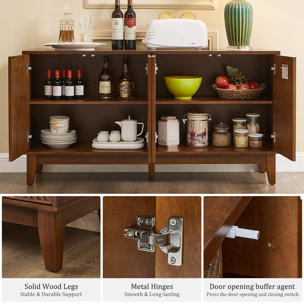 TV Stand With Carved Geometric Doors Storage Cabinet, 4 Door Media Console For Living Room - Walnut