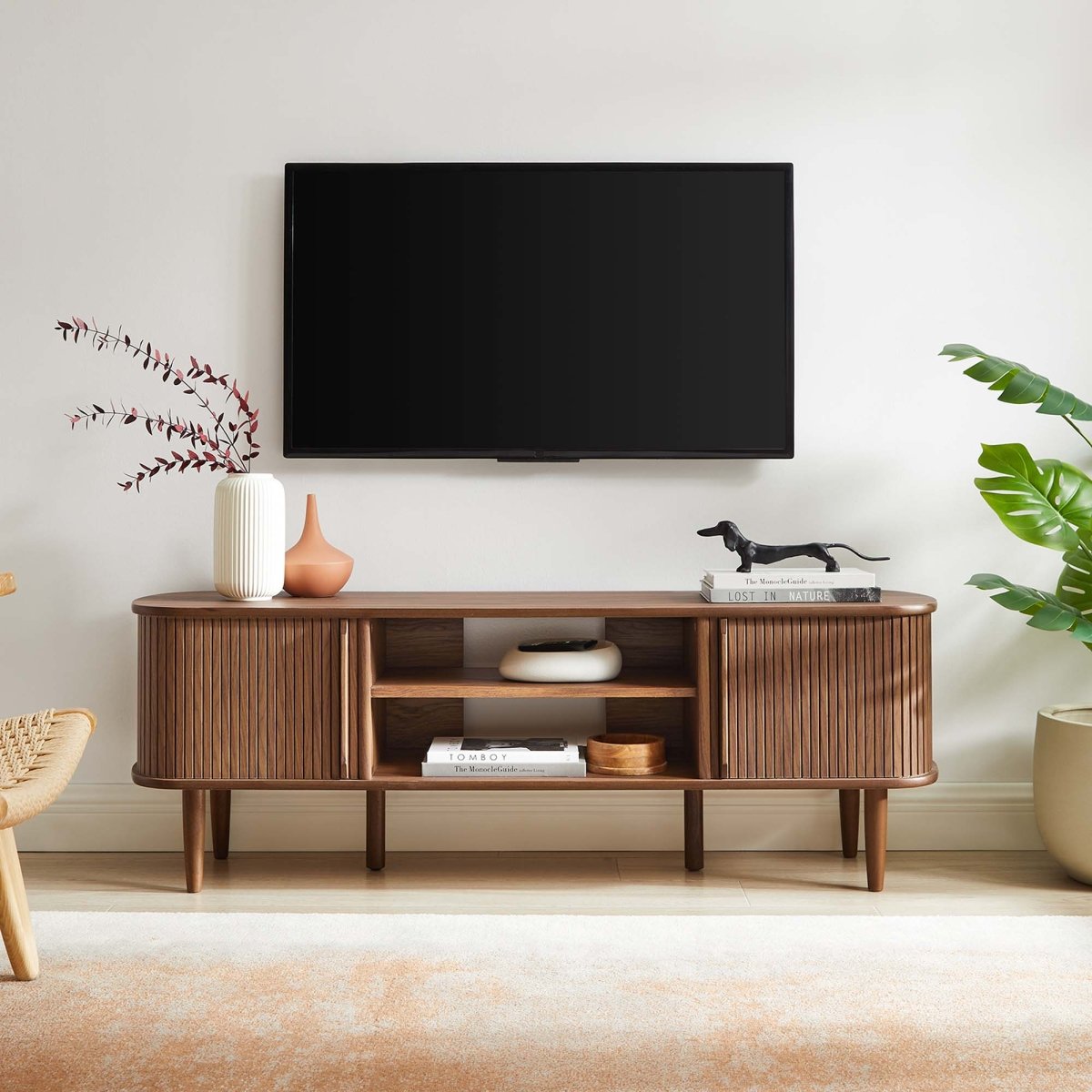 55 Inch Mid - Century Curved Beadboard TV Stand - TV Stands available at Alpine Outlets in Denver