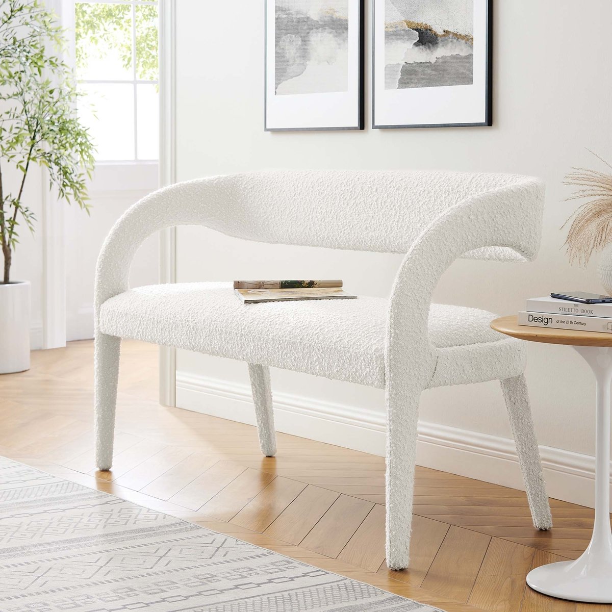 55 Inch Sophisticated Boucle Fabric Accent Bench - Benches available at Alpine Outlets in Denver