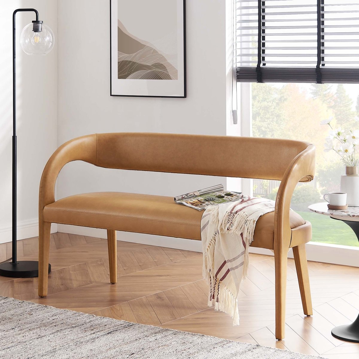 55 Inch Sophisticated Vegan Leather Accent Bench in Tan - Benches available at Alpine Outlets in Denver