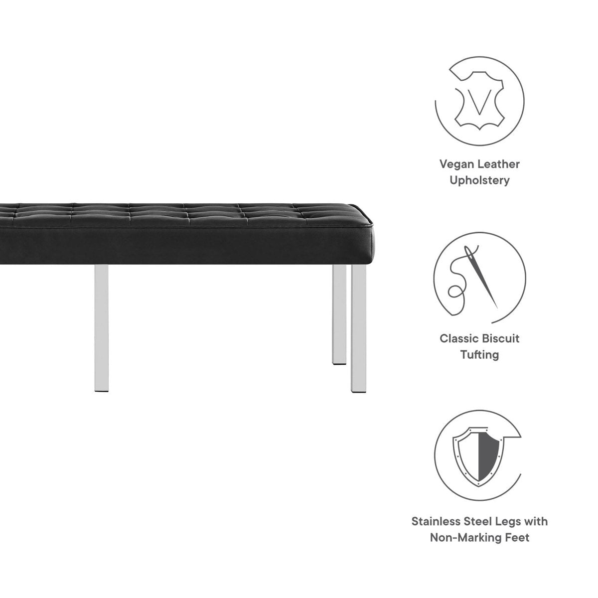 55 Inch Tufted Vegan Leather Bench with Tubular Stainless Steel Legs - Benches available at Alpine Outlets in Denver