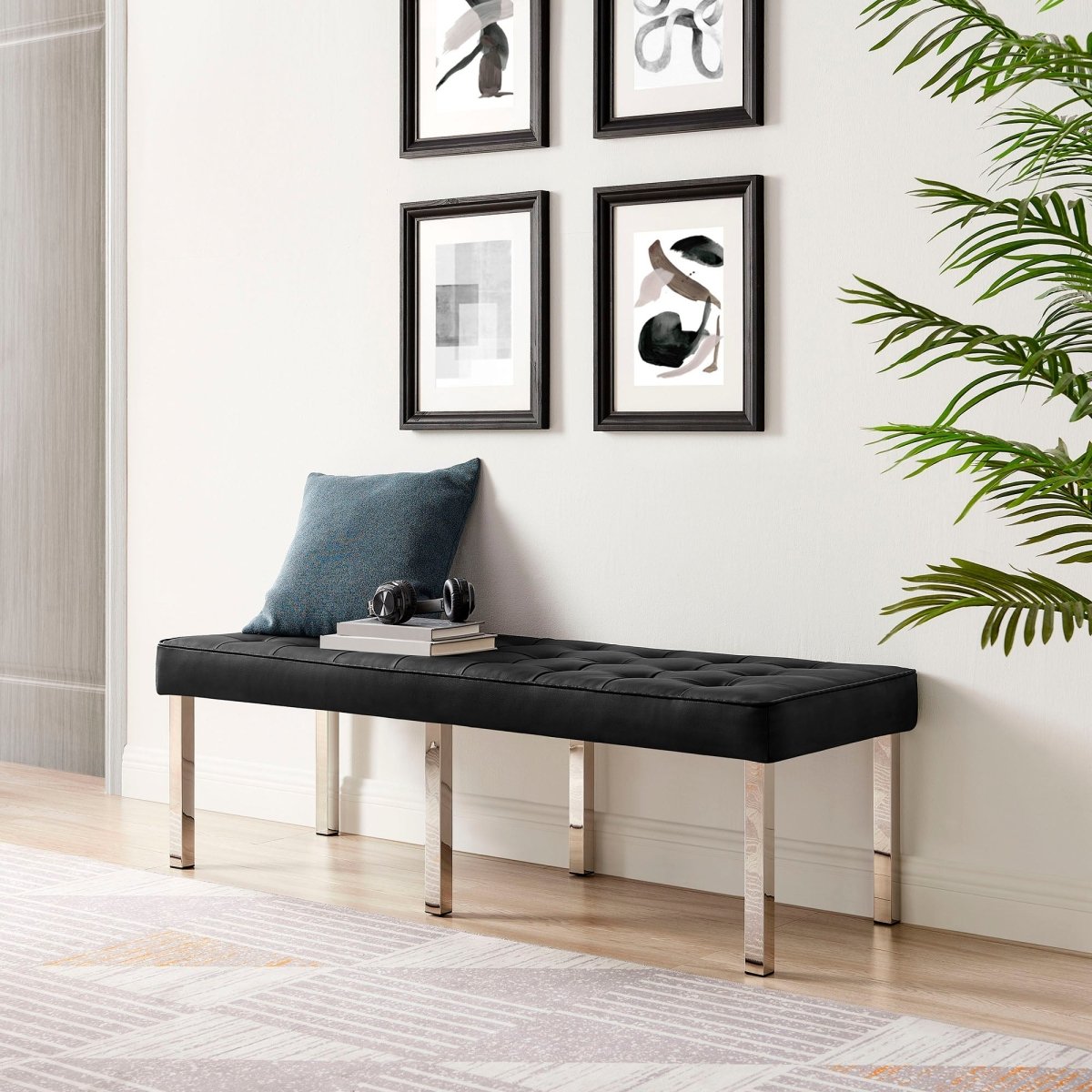 55 Inch Tufted Vegan Leather Bench with Tubular Stainless Steel Legs - Benches available at Alpine Outlets in Denver