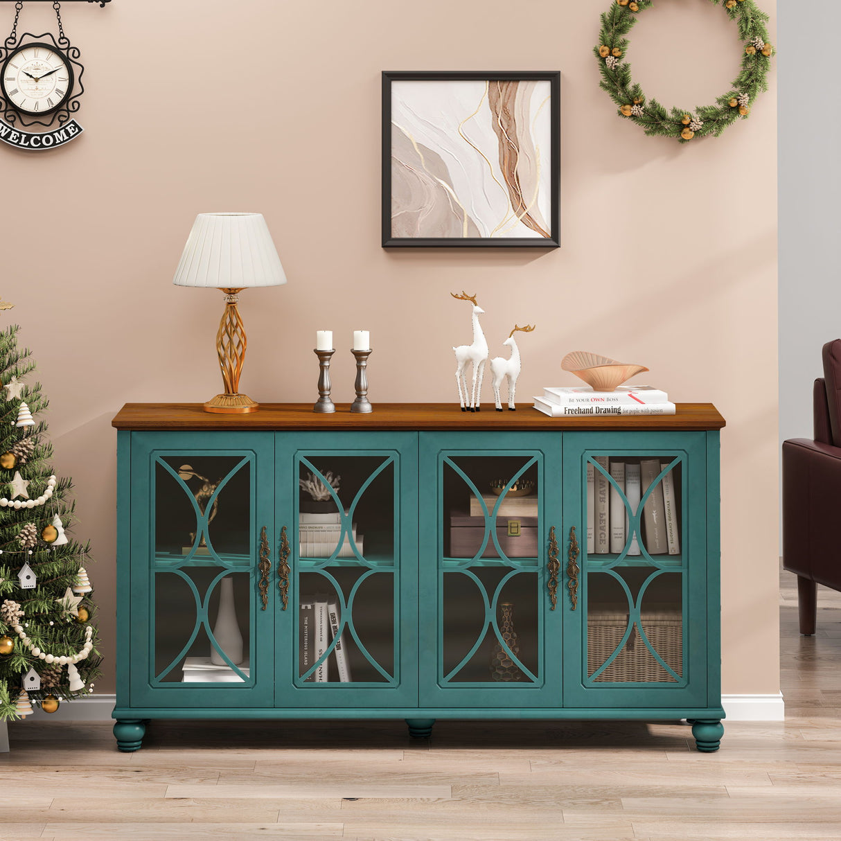 4 Door Sideboard Cabinet with Tempered Glass Doors and Wood 59x32in