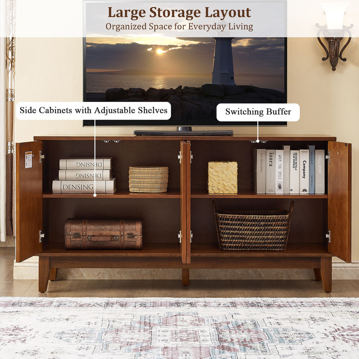 TV Stand & Carved Geometric Doors, Storage Cabinet For Living Room - Walnut