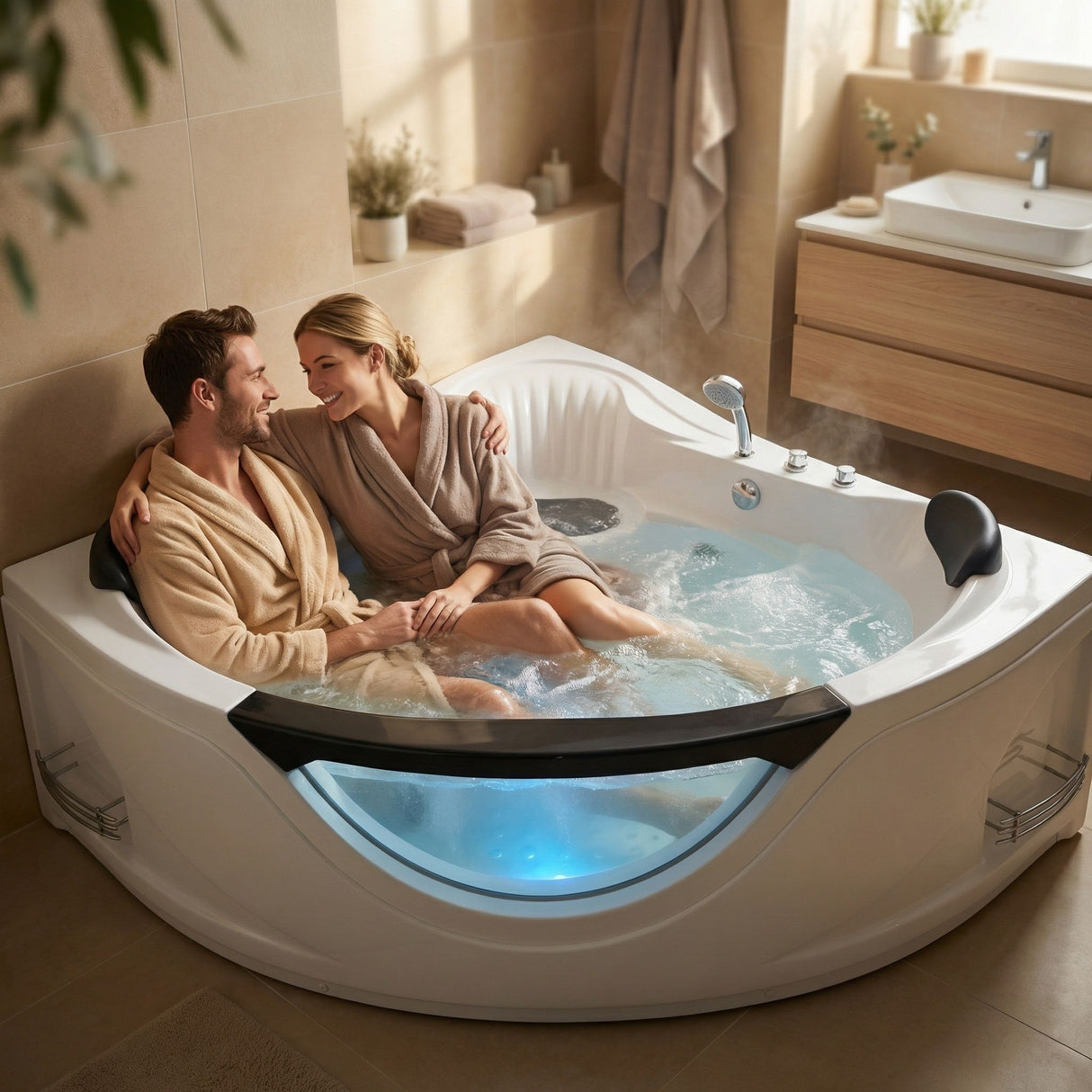 Xavier - Corner Double Massage Bathtub - Milk White