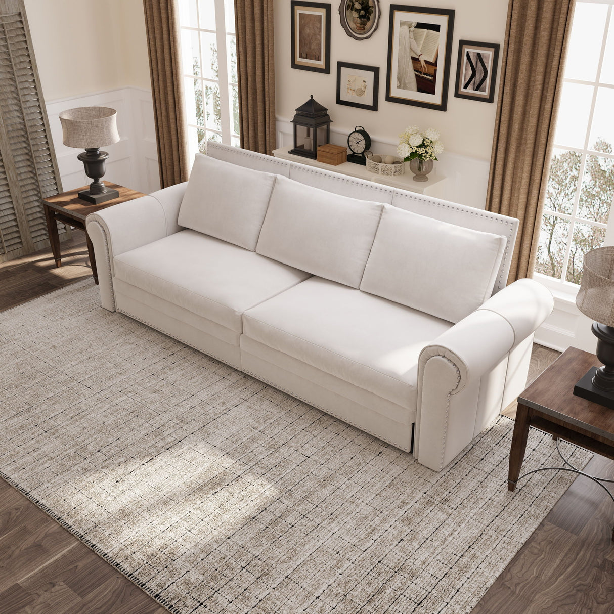 3 In 1 Convertible Sleeper Sofa With Nailhead Trim & Rolled Arm