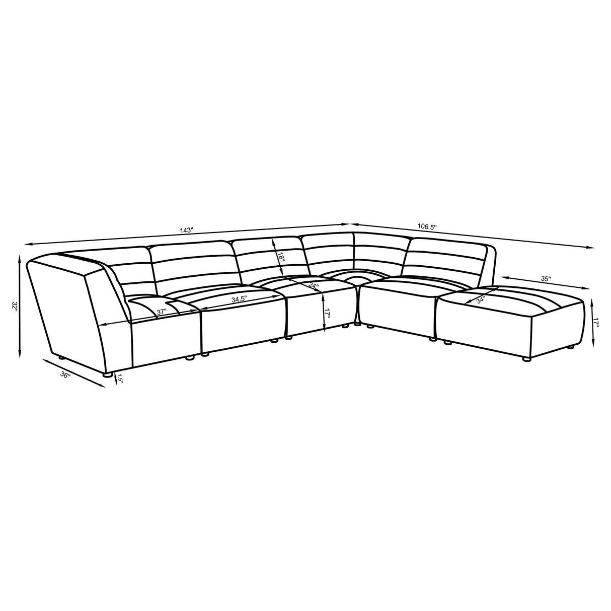 Sunny 6-Piece Modular Sectional Sofa, Dark Charcoal
