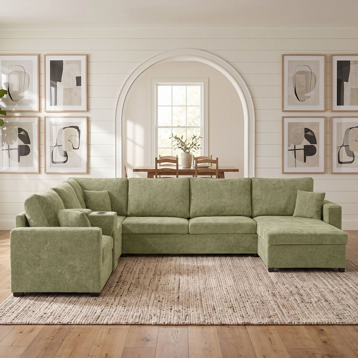 Modular 5 Seat U-Shape Sectional Sofa With Chaise Lounge, Built In Cup Holders And Storage Drawer