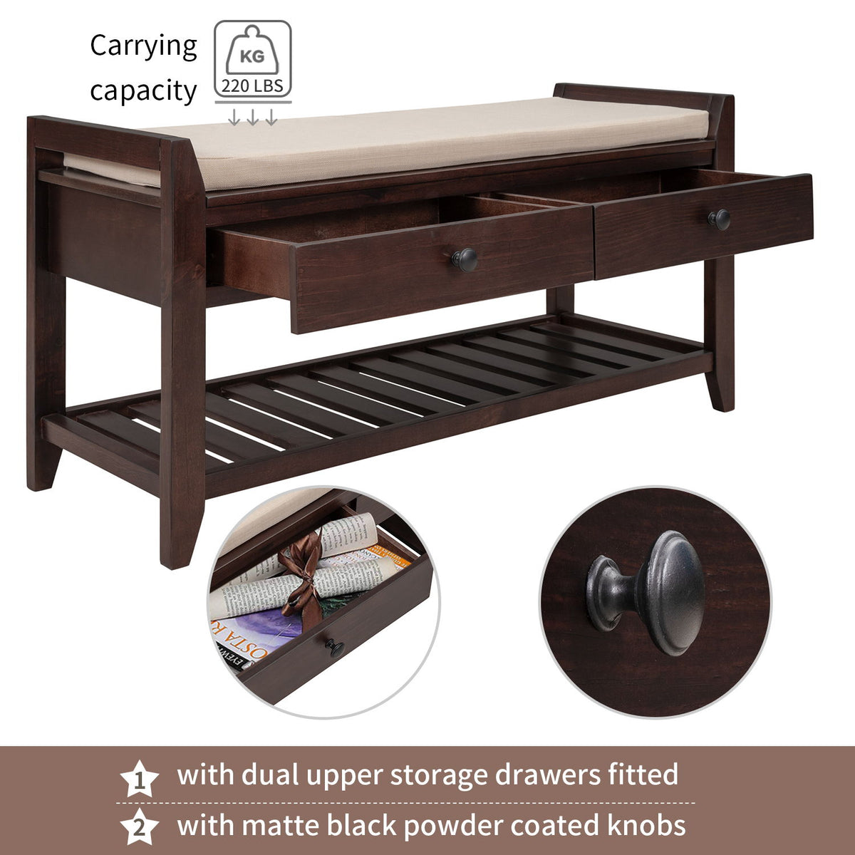 Multipurpose Entryway Shoe Rack With Cushioned Seat And Drawers