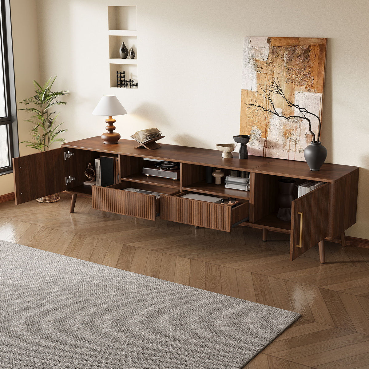 78" TV Stand For 85" TVs With Fluted Doors, Open Shelf, Cable Management - Walnut