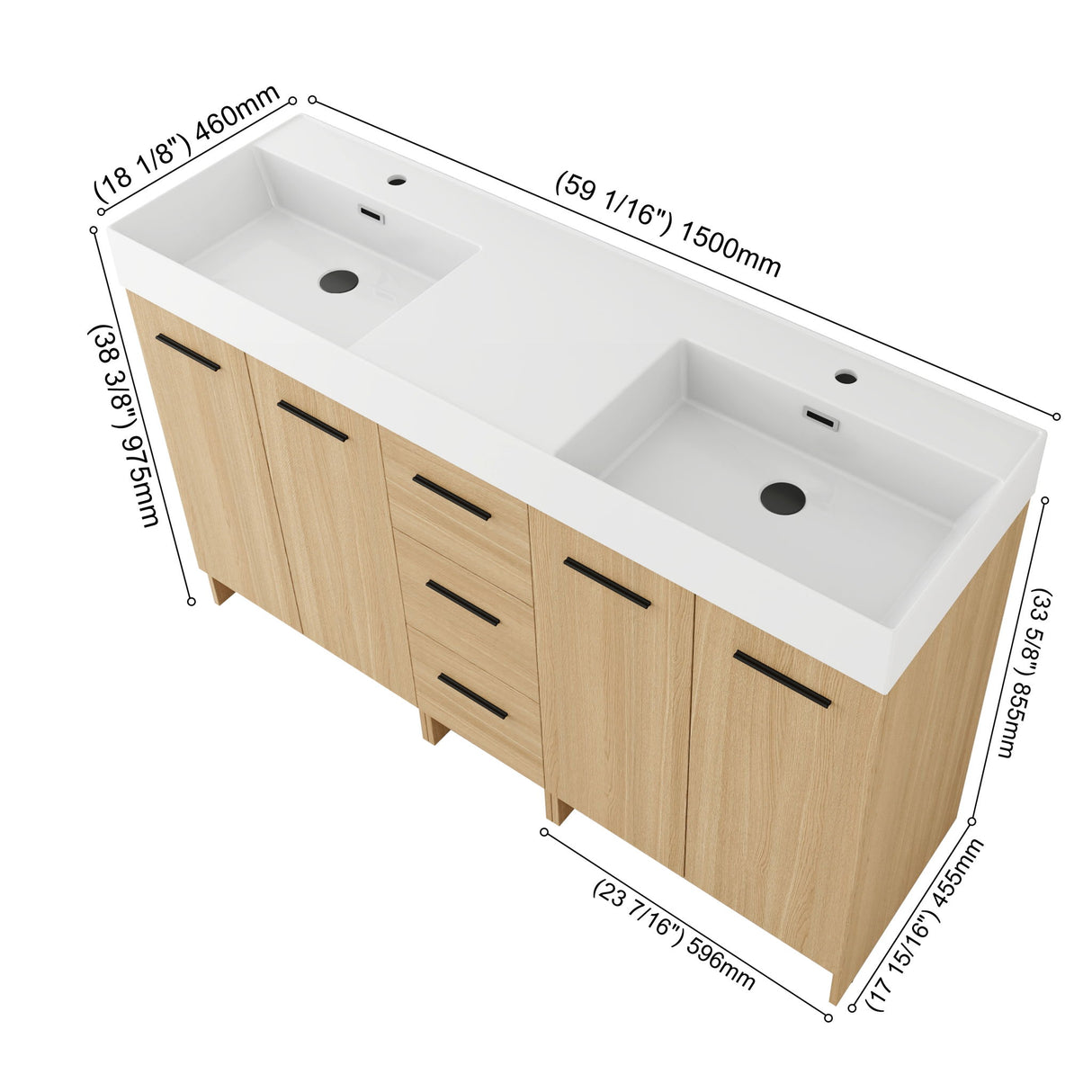 Double Sink Bathroom Vanity With 3 Drawers, Large Storage, Integrated Sink, Freestanding Cabinet, Soft Close Hardware - Glossy White / Light Oak