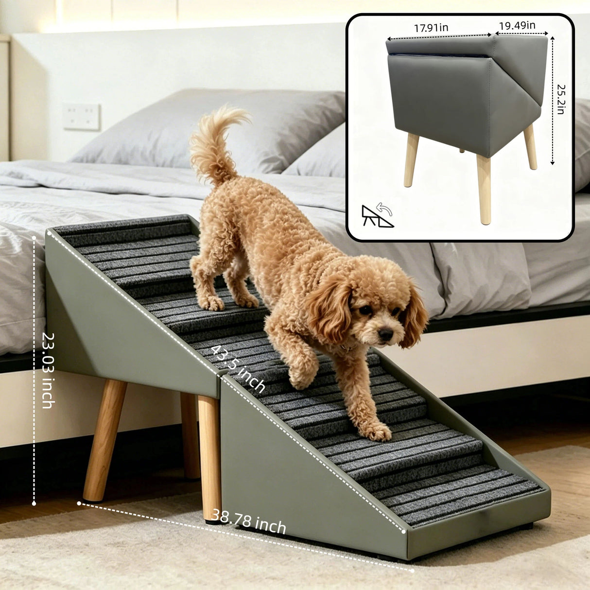 2 In 1 Dog Stairs For Bed And Couch, Foldable 6 Pet Steps - Gray