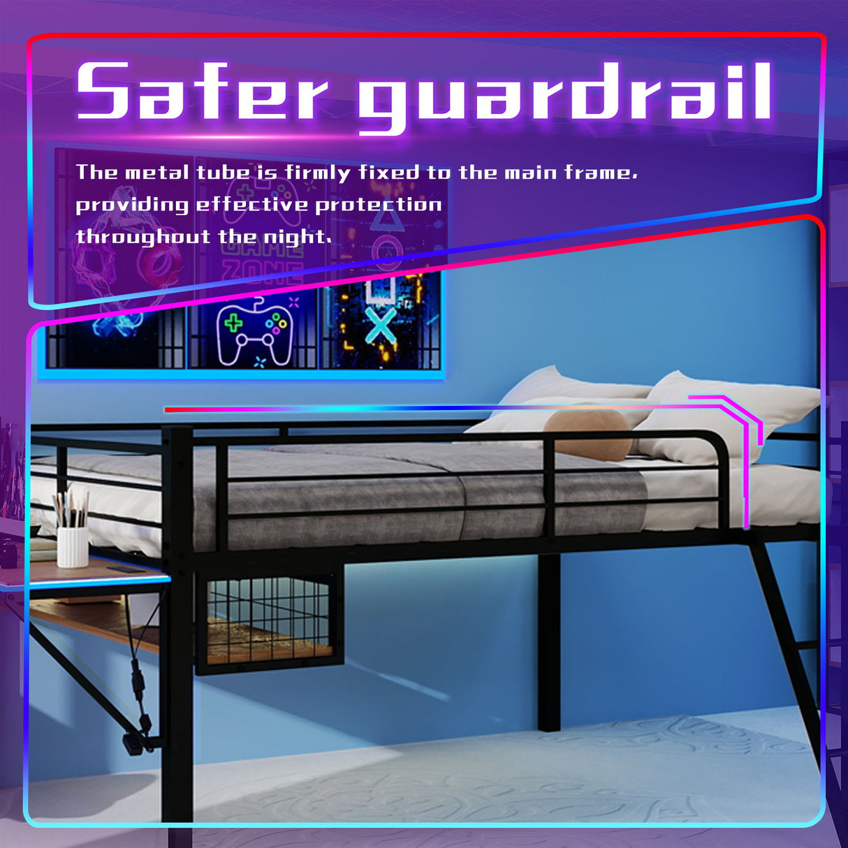Loft Bed With Built In Desk, LED Light Strip