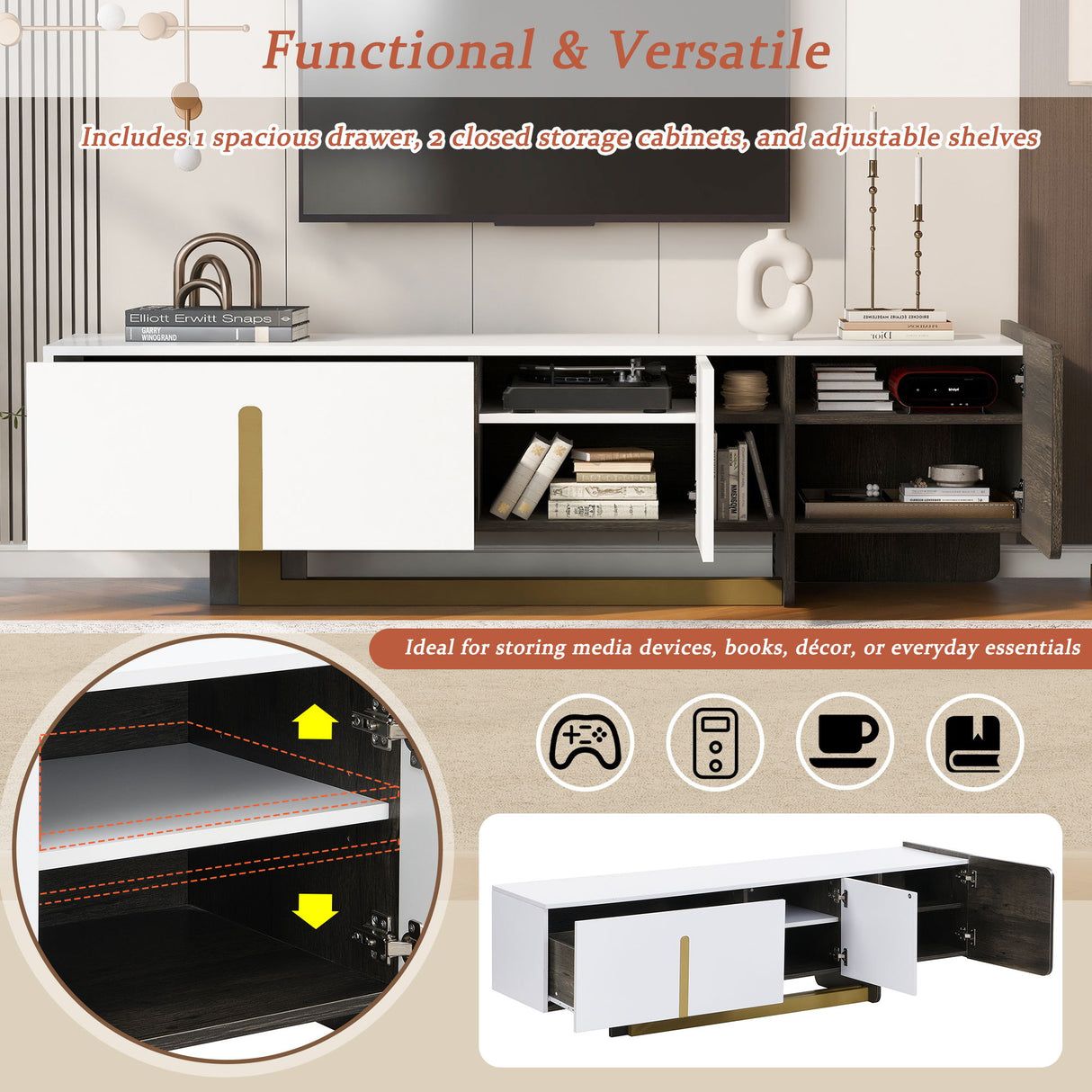 TV Stand With 1 Drawer, 2 Cabinets And Adjustable Shelves