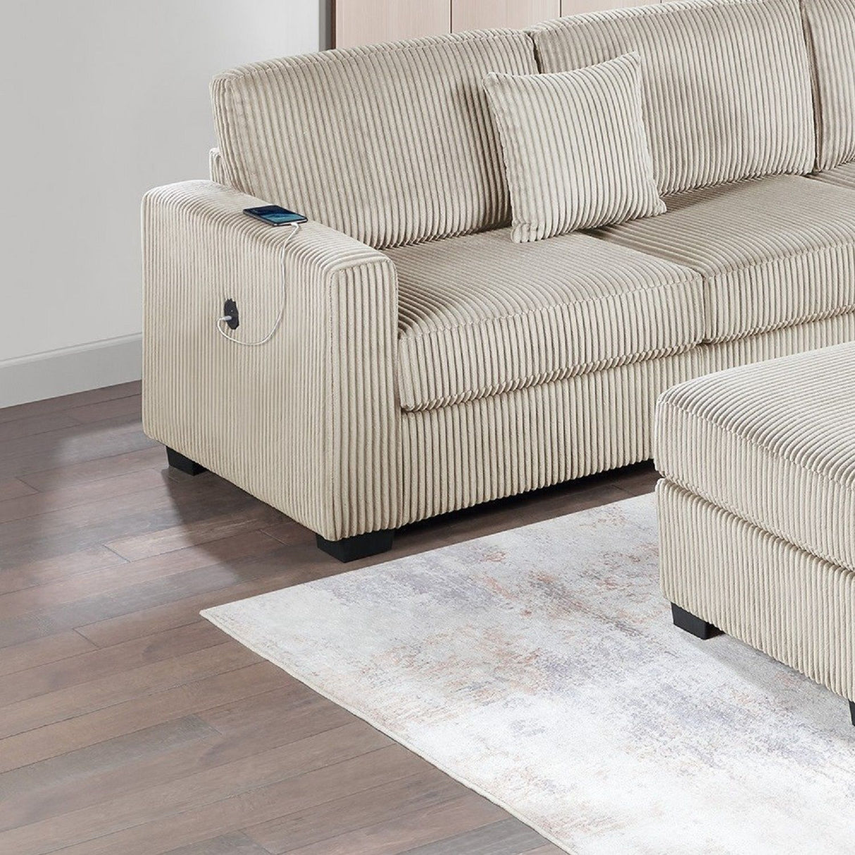 Upholstered L - Shaped 4 Piece Sectional Set With USB, Cocktail Ottoman