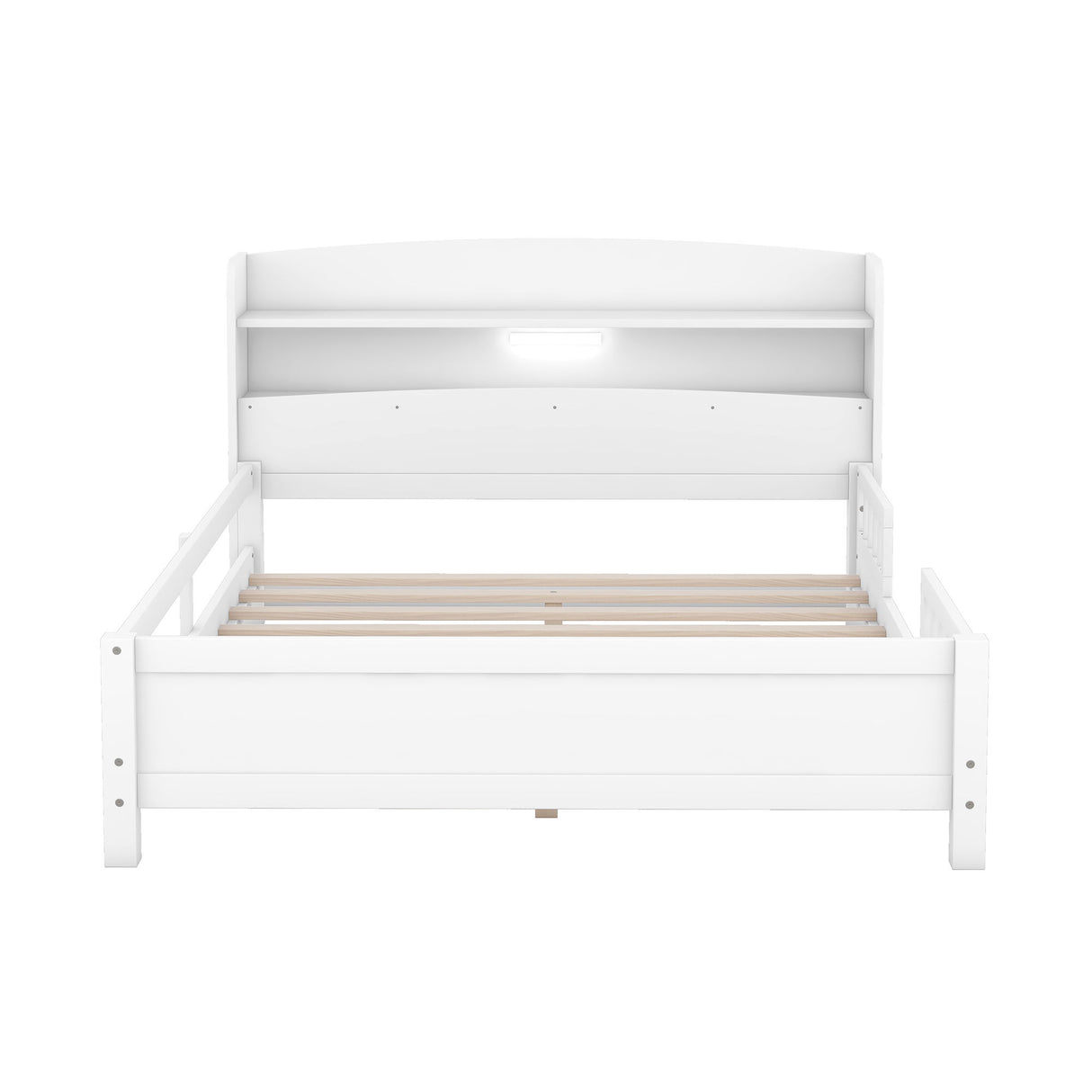 Wood Platform Bed With Built In LED Light, Storage Headboard And Guardrail