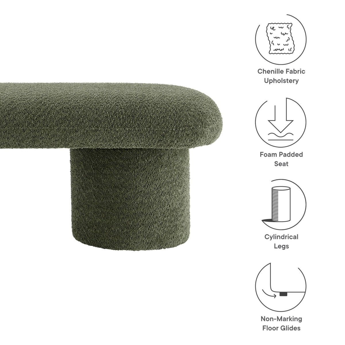 56 Inch Chenille Upholstered Bench with Cylindrical Legs and Overhang Seat - Benches available at Alpine Outlets in Denver
