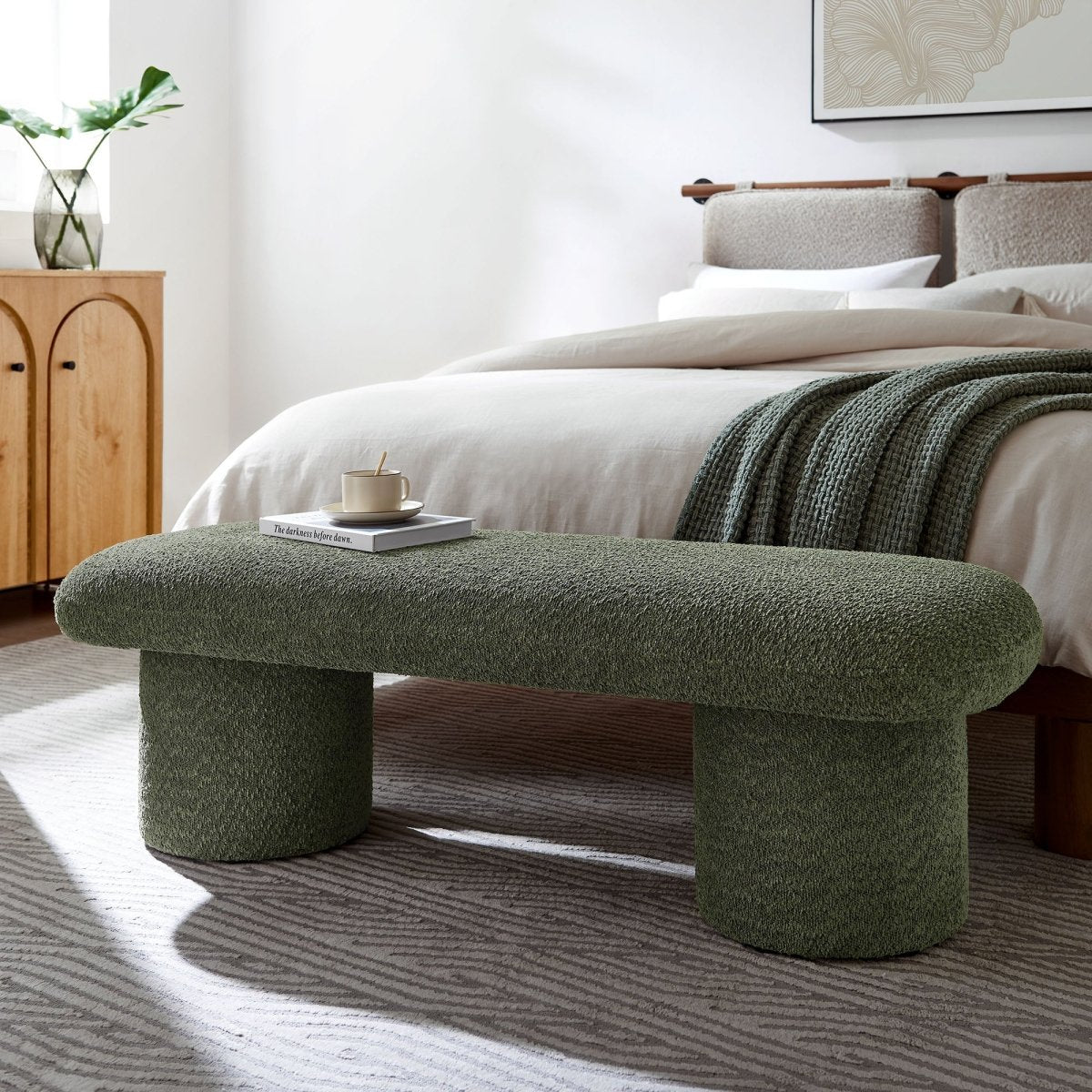 56 Inch Chenille Upholstered Bench with Cylindrical Legs and Overhang Seat - Benches available at Alpine Outlets in Denver