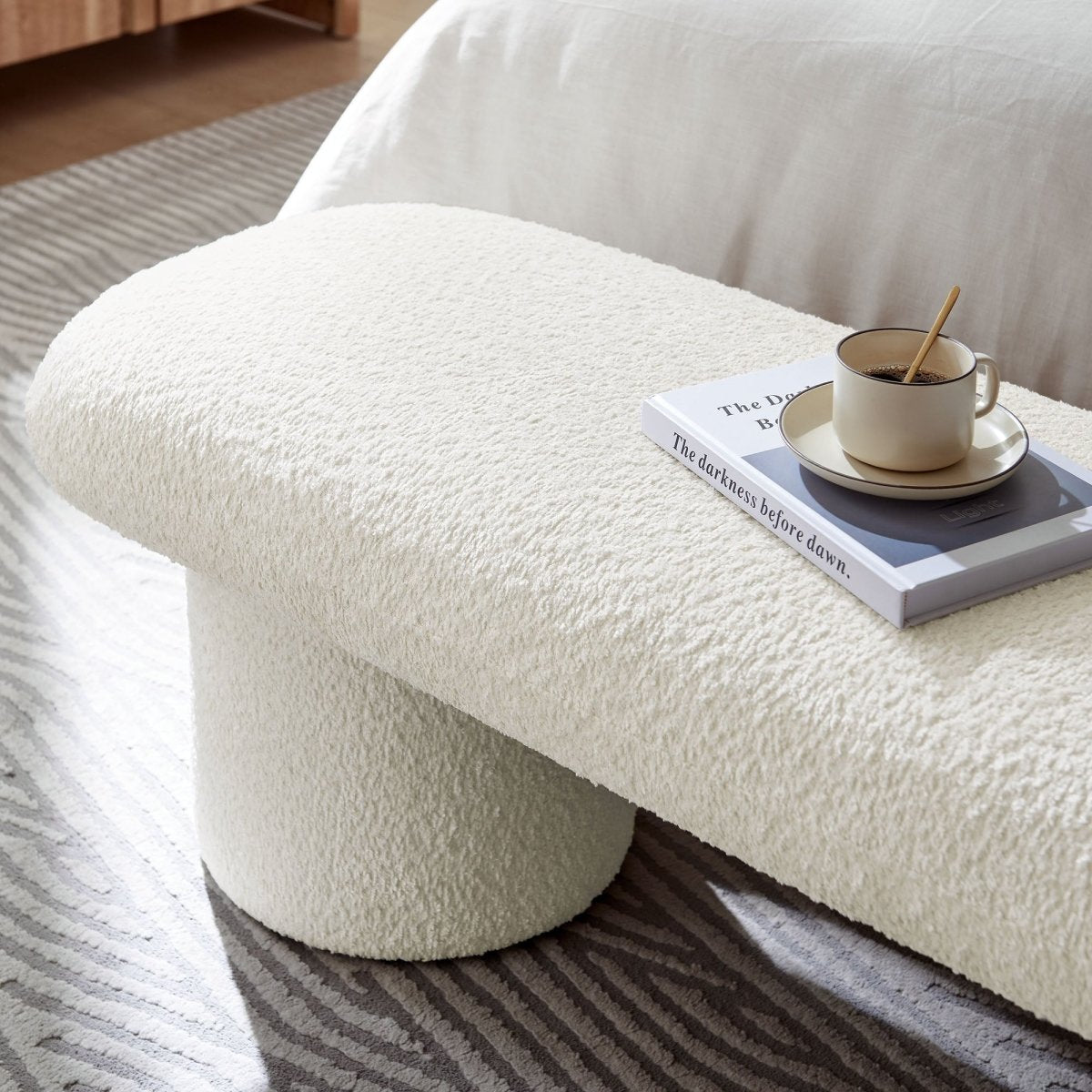 56 Inch Chenille Upholstered Bench with Cylindrical Legs and Overhang Seat - Benches available at Alpine Outlets in Denver
