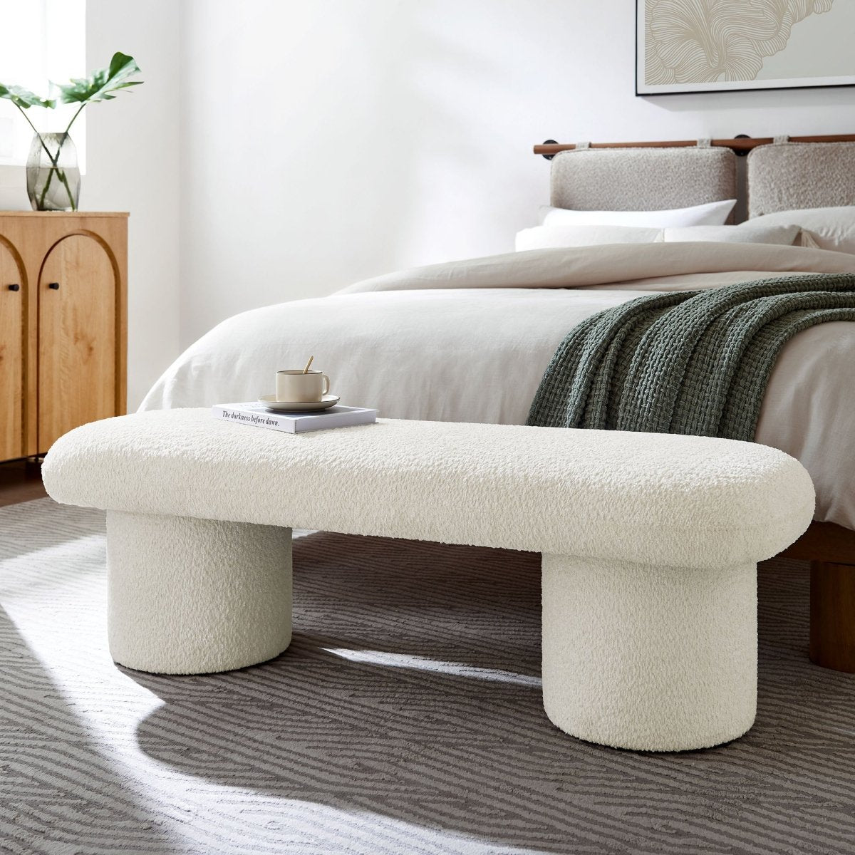 56 Inch Chenille Upholstered Bench with Cylindrical Legs and Overhang Seat - Benches available at Alpine Outlets in Denver