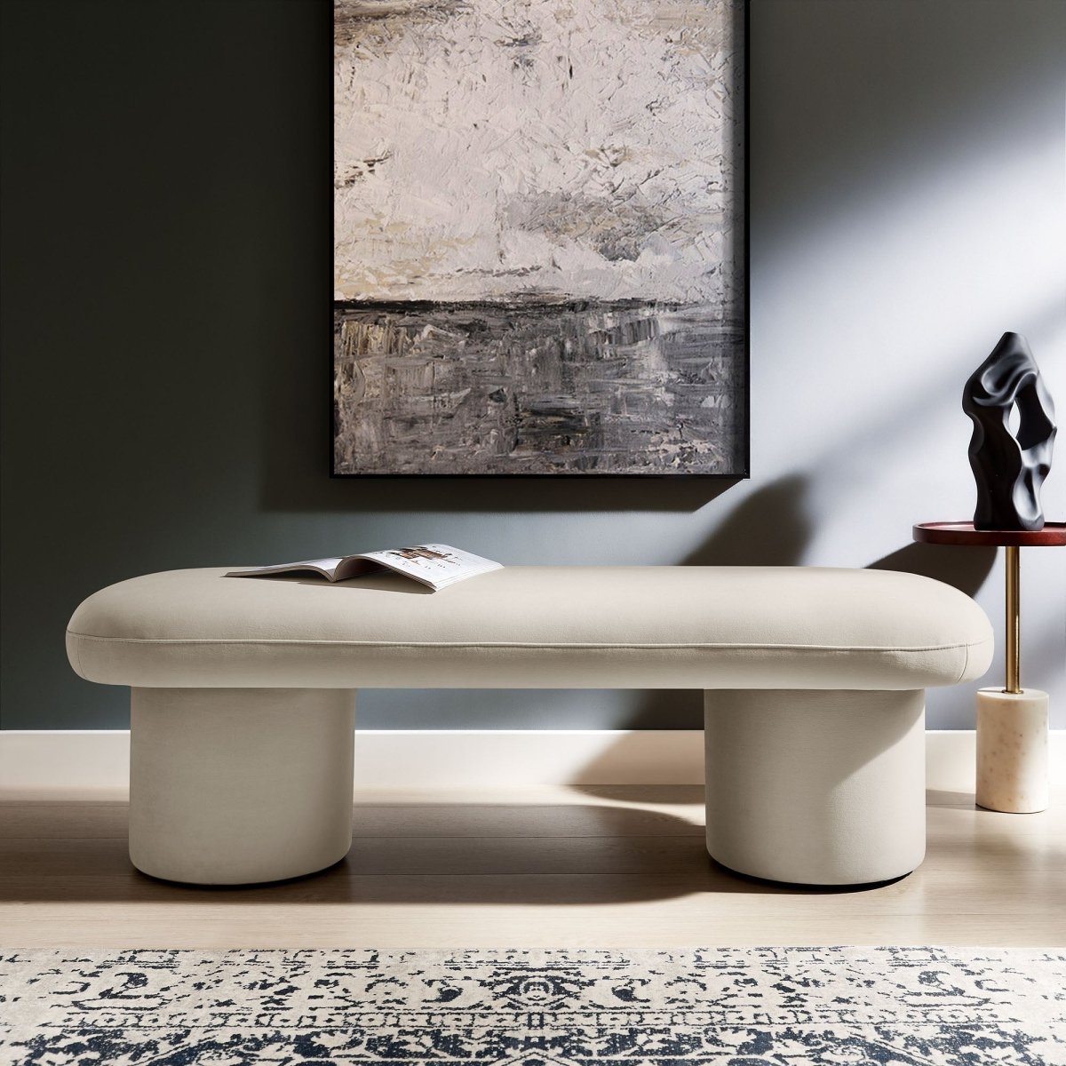 56 Inch Performance Velvet Bench with Cylindrical Legs and Overhang Seat - Benches available at Alpine Outlets in Denver