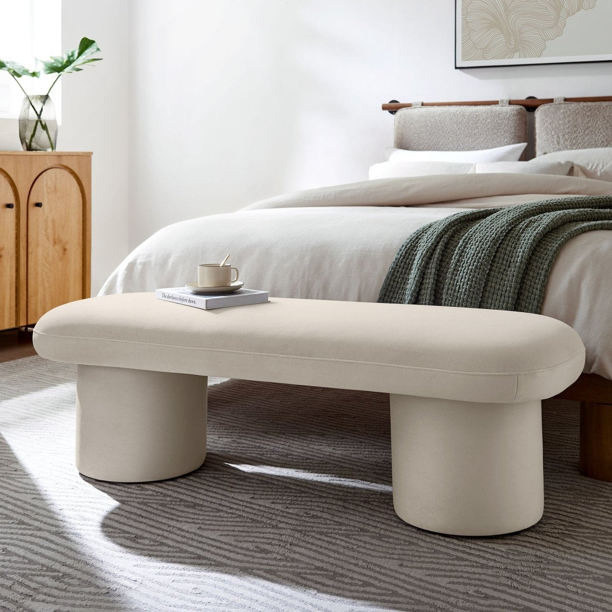 56 Inch Performance Velvet Bench with Cylindrical Legs and Overhang Seat - Benches available at Alpine Outlets in Denver