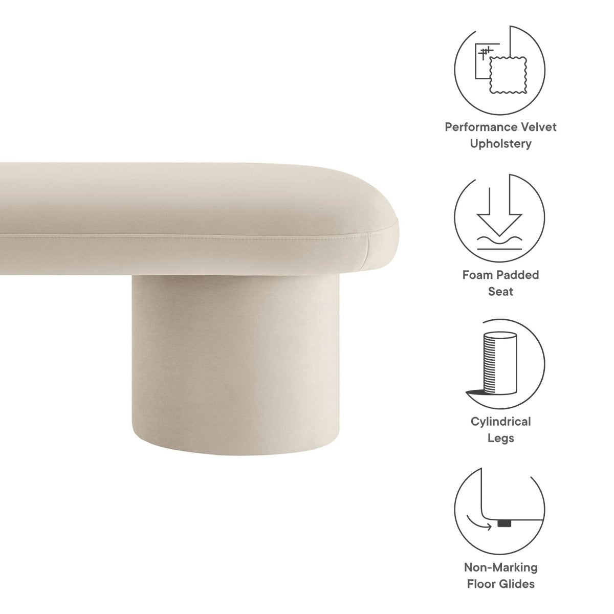 56 Inch Performance Velvet Bench with Cylindrical Legs and Overhang Seat - Benches available at Alpine Outlets in Denver