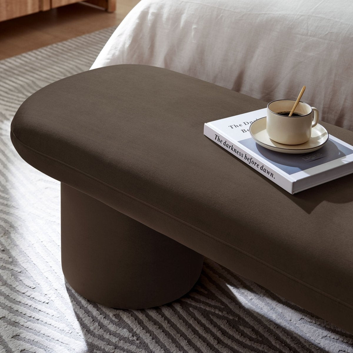 56 Inch Performance Velvet Bench with Cylindrical Legs and Overhang Seat - Benches available at Alpine Outlets in Denver